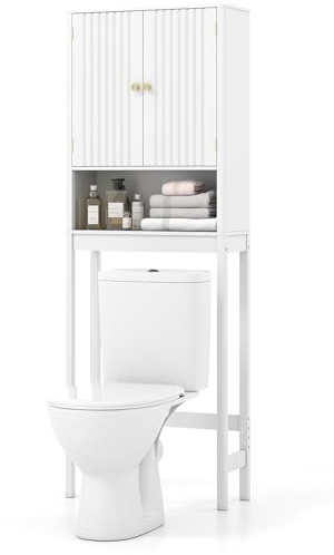 COSTWAY Mueble sobre Inodoro, Mueble de Baño con Puertas Acanaladas, Estante Ajustable en 3 Posiciones y Barra Inferior Ajustable en 3 Niveles,Armario Alto sobre el Inodoro con Almacenamiento (Blanco)