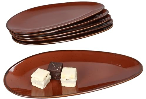 MamboCat Marron Taste 6er Set Kuchenteller I (LxB) 36x17cm I kastanienfarbenes Porzellan I organische Form mit Farbsprenkel & verblichenen Kanten I Dessert- & Frühstücksteller
