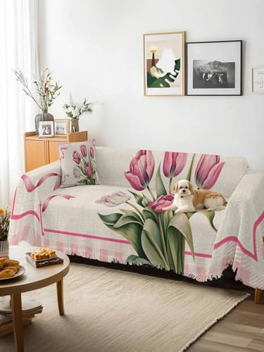 Pink Tulip Sofa Cover Blanket Couch Covers for Armchair Cushion,Couch Sofa Silpcover with Tassel,Spring Floral Romantic Flowers Modern Art Rustic Living Room Throw Towel Blanket Covers XX-L 71x150