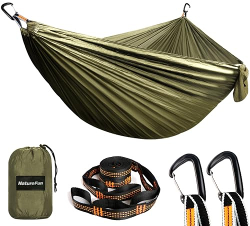 NATUREFUN Amaca da Campeggio da Viaggio Ultraleggera | capacità di Carico 300kg | (300x200 cm) Traspirante, Nylon da Paracadute | 2x Moschettoni Premium,2x Corde in Nylon Incluse | Interno Esterno