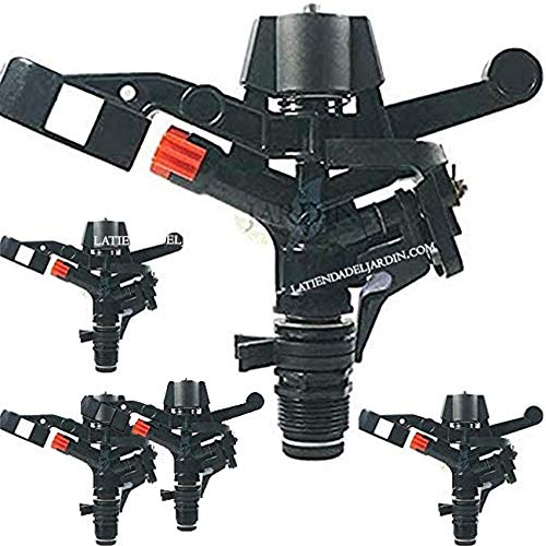 Suinga Set di 5 Irrigatore agricolo regolabile e circolare. Portata 15 metros. Filettatura maschio 3/4. Flusso 25 litri/min o 1900 L/Ora. Diametro copertura 30 metri, nero