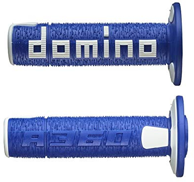 Domino COPPIA MANOPOLE IN GOMMA SCRITTA DOMINO GRANDE MODELLO A360 IN GOMMA BICOLORE BLU/BIANCO PER MOTO OFF ROAD CROSS/ENDURO Lunghezza: 120 mm