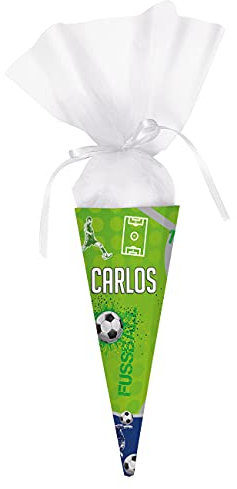 Striefchen® Schultüte mit Fußball-Motiv mit Namen des Kindes zum Schulstart - fertig gebastelt, eckig 28 cm