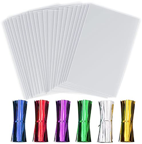 LEOSINDA 50 Pcs Clear Cellophane Bags,9 X 12 Inches Clear Cellophane Treat Bags with 6 Mix Colors Twist Ties for Gift Baskets Wedding,Chocolate,Party Favor Baby Showers,Bakery,Toy Wrapping