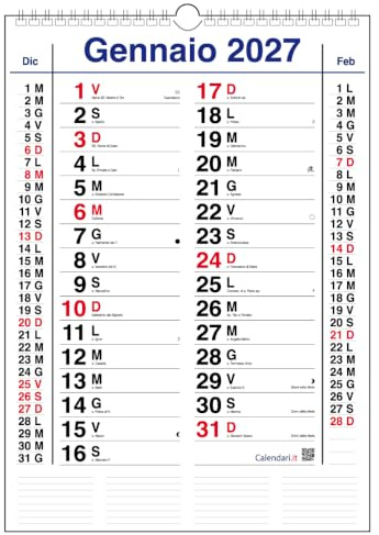 Calendario 2027 Olandese da muro (A3-30x42 CM - CLASSICO) - 13 fogli - uno per ogni mese in carta bianca pregiata
