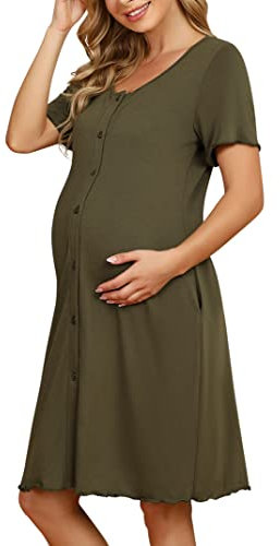 KOJOOIN Damen Nachthemd Geburt Stillnachthemd Kurzarm Nachtwäsche Baumwolle Umstandsnachthemd mit Durchgehender Knopfleiste Nachtkleid Armeegrün(Kurzarm) L