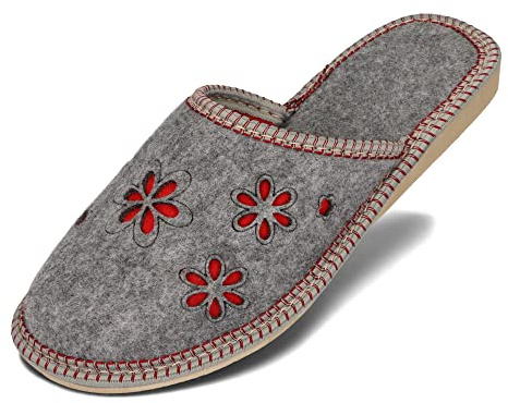 BeComfy Pantoufles Femmes Chaussons Légers en Feutre avec Fleurs Brodées | Femme, Feutre Doux et Respirant, Semelle Caoutchouc Antidérapante, Sans Fermeture, Motifs Brodés