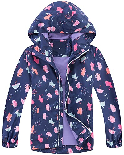 Fewlby Chaqueta Impermeable con Capucha para Niña, Cortavientos con Forro Polar Ligera Abrigo Prueba de Viento Chubasquero Primavera Otoño Abrigos Deportivos 3-12 Años