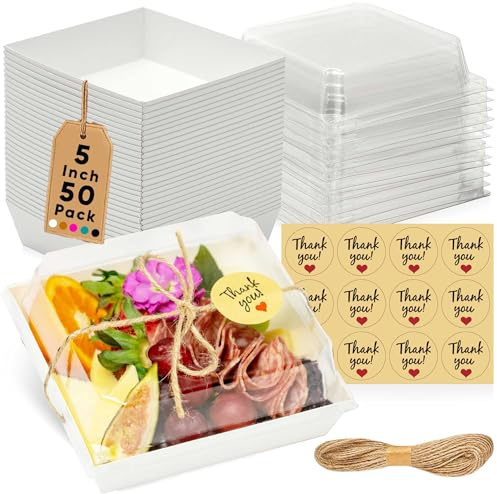 Leafiew 50 Pack Small Charcuterie Boxes with Clear Lids - To Go Paper Mini Charcuterie Box, Disposable Food Containers, 5Inch Dessert Boxes - Sandwich, Cookie, Sushi, Cake Slice, Strawberries (White)