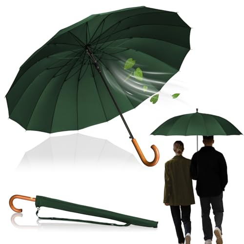 LOGAN & BARNES Parapluie Canne Tempête Ø120 cm avec poignée en bois véritable et embout silencieux – Grand parapluie XXL 16 baleines – Modèle EDINBURGH (Vert foncé)