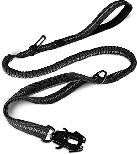 Joytale Guinzaglio tattico, guinzaglio Bungee da 1,2 m-1,8 m con 2 maniglie imbottite, cintura di sicurezza per auto, guinzaglio per cani di taglia media, grande, X-large, Nero