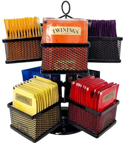 SHUESS Metall Teebeutelhalter, Drehbar Teeboxen für Teebeutel Teebox Groß mit 8 Fächern, Teeregal Teebeutel Aufbewahrungsbox Tee Organizer für 96 Tea Bag (Schwarz)