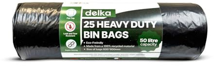 Delka Heavy Duty Black Bin Bags – Extra Strong, Leak-Proof Plastic Liners – Ideal for Kitchen, Home, DIY & Garden, Household, Office & Catering – Made from 100% Recycled Material (50L, 25 Pack)
