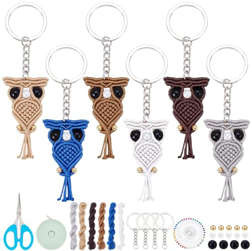 FREEBLOSS 6 Set DIY Macrame Owl Kit Keychain for Beginners Nylon String Owl Charms DIY Video Tutorial