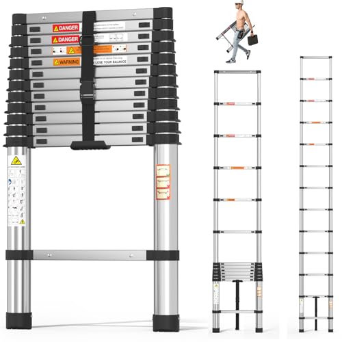 3.77m Thickened Telescopic Ladder Extendable 12.7ft Step Ladders Folding Workshop Loft DIY Stainless Steel Telescoping Ladder 330lbs Capacity, Stronger than Aluminum Ladder