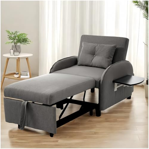 Lubvtti Sofá Cama Individual Extensible Multifuncional con mesas Plegables, sofá Individual,sofá Cama Chaise Longue 123 x 167 x 78 cm,sillón Relax,sillones Individuales,sofá 1 Plaza,Gris Oscuro
