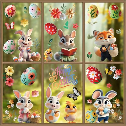 AhfuLife 9 Pezzi Vetrofanie Pasquali per Finestra e Porte, Pasqua Adesivi per Finestra in PVC con Uova e Coniglietti, per Vetro, Casa, Asilo e Feste di Pasqua (S-Stile 7)