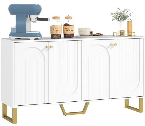 HOMCOM Aparador 4 Puertas Aparador para Salón Moderno con Estantes Ajustables y Patas Doradas para Comedor Entrada Mueble para TV hasta 65 Pulgadas Blanco 140,8x35x77,5 cm