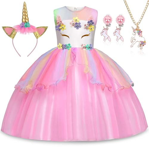 TEBOKHAD Robe Licorne Enfant De Princesse, Robe Princesse Licorne, Avec Collier, Clips D'oreilles Et Bandeau, Convient Pour Les Deguisement De Halloween, Fête D'anniversaire (130cm)
