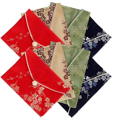 VILLFUL Bolsa para Joyas Bordada a Mano de Seda Mini Monedero Portátil para Anillos y Collares 8 Piezas Multicolor Rojo Dorado Azul Verde Organizador Vintage para Viaje y Uso