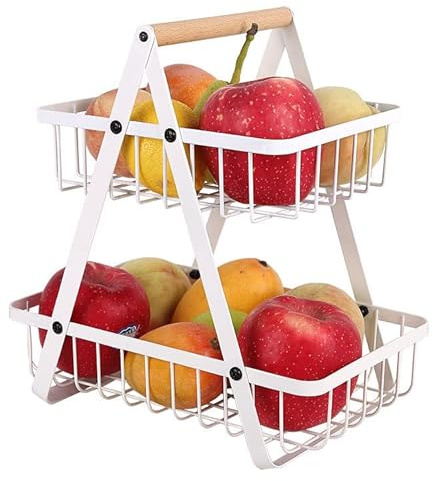 Kongming 2 Tier White Fruit Basket,Detachable Metal Fruit Bowl Holder with Handle,Portable Modern Countertop Vegetable Rack for Bread Storage,Kitchen Storage & Organisation in Home (White-2 Tier)