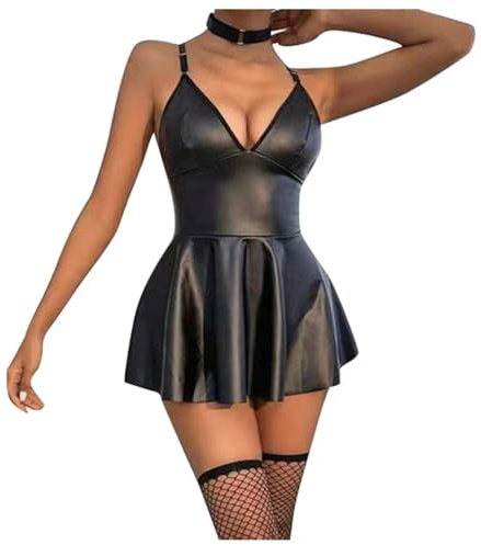 Générique Robe séduisante en Cuir pour Femmes, Harnais, Lingerie, Bretelles réglables, Jupe en Faux Cuir pour Dames (Black, XL)