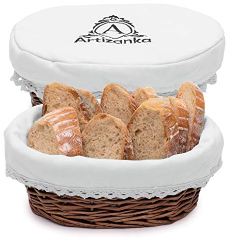 A ARTIZANKA Handmade Wicker Bread Basket for Serving Sourdough Bread and Pastries with Removable Liner and Cover Bread Storage Container and Fruit Basket