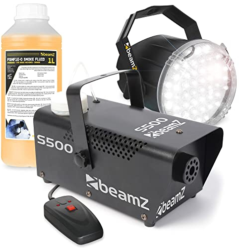 BeamZ Set Máquina de niebla 500 W con efecto de luz estroboscópica y 1 litro de líquido, máquina de humo para fiestas, mando a distancia por cable, discoteca, DJ, fiestas en casa, bodas, eventos