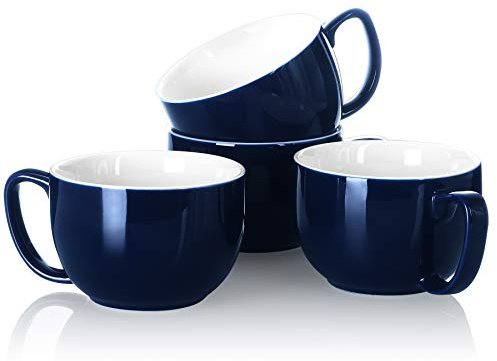 Teocera 16oz Large Coffee Mugs Set of 4 - Thick White Porcelain Cups for Cappuccino, Latte, Tea & Hot Chocolate - Dishwasher Safe Ceramic with Comfort Grip Handles（Navy