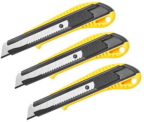 DOWELL Box Cutter Utility Knife Retractable Snap Off Blades Hobby Knife 3 Pack for Cutting Cardboard Boxes Leather (Yellow)