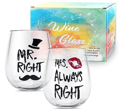 Yalucky Copas de vino Mr Right and Mrs Always Right para parejas, regalo de pareja, regalo de compromiso, regalo de boda, juego de copas de vino sin tallo, aniversario de boda