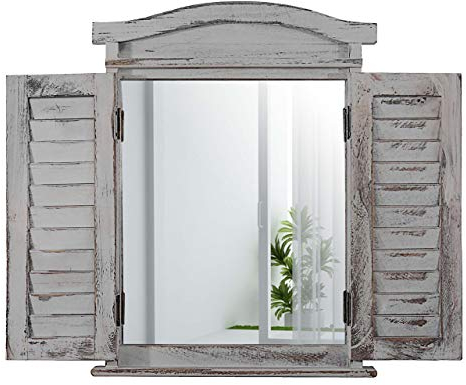 Mendler Wandspiegel AM Spiegelfenster mit Fensterläden 53x42x5cm - grau Shabby