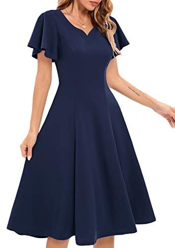 HomRain Women's Cocktail Party Evening Dress for Wedding Guest Semi Formal Fit and Flare Elegant Dress for Graduation Casual Modest Prom Midi Dresses with Sleeves,Navy M