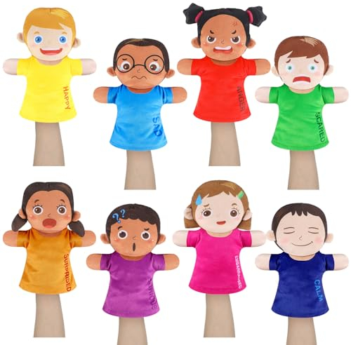 Gemscream 8 Pcs Feelings Hand Puppets with 8 Emotions Soft Plush Multicultural Puppets Ventriloquist Emotion Dolls for Social Emotional Learning Activities Theater Shows Teachers Classroom Supplies