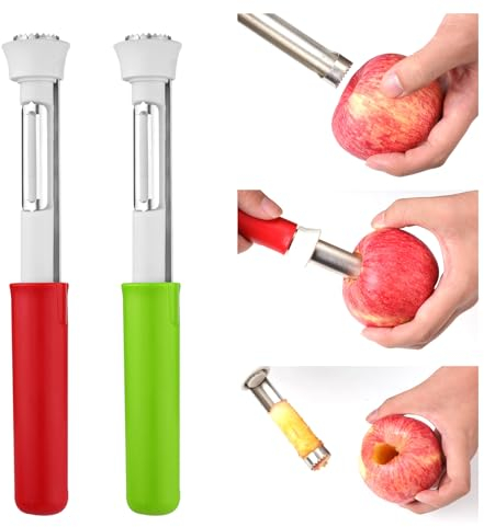 2pz Strumento per Rimuovi Torsolo Mela, Acciaio Inossidabile 2 in 1 Rimozione Torsolo di Mela Estrattore di Semi di Frutta pera Detorsolatore di Frutta per la Casa Utensili da Cucina