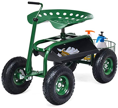 COSTWAY Sgabello per Giardinaggio con Ruote, Sedile da Giardino Regolabile in Altezza con Manico Estensibile, Cesto Portaoggetti, 2 Vassoi e 4 Ruote in Gomma (96,5 x 47,5 x 47-55 cm)