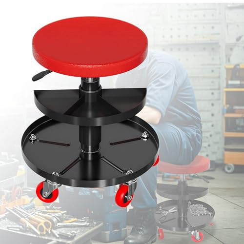 XMTECH Taburete de taller con ruedas de 41 a 54 cm, altura regulable, taburete de trabajo con estante y 4 ruedas universales, asiento para herramientas