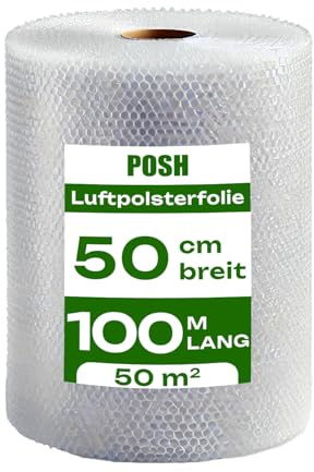 POSH Film à bulles 100 m x 50 cm de large, idéal pour l'emballage, l'expédition et la protection, matériau de remplissage
