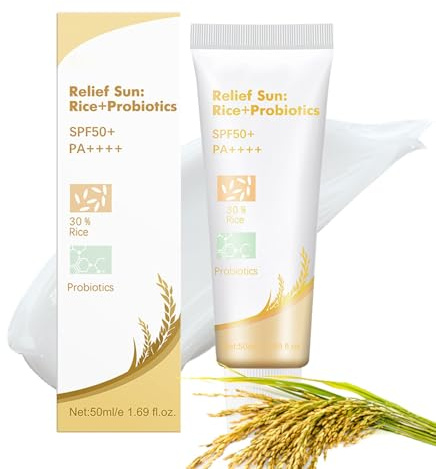 Rice Probiotics Sunscreen SPF50+ PA++++ Sun Relief Organic Sunscreen with Niacinamide Vitamin E and Zinc Oxide Light and Non-sticky Texture for All Skin Types 50ml