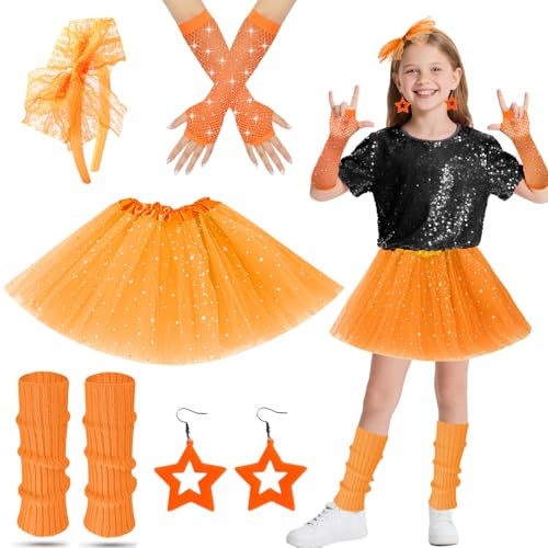 Disfraz Años 80 Niña, Calentadores Niña Años 80 Guantes Rejilla Niñas con Tutu Falda Red de Pescado Guantes Pendientes Banda de Cabeza Niñas Vestido de Fiesta para 80s 90s Discoteca Fiesta (Naranja)