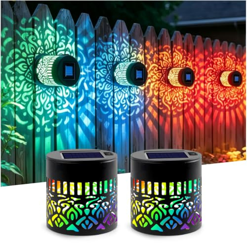 2Pcs Solar Mandala Wall Light for Garden Outdoor Decorative Projection Lamp | Seven Color Changing Waterproof Metal Fence Light, outdoor lamp for Yard Garden Patio Backyard Post