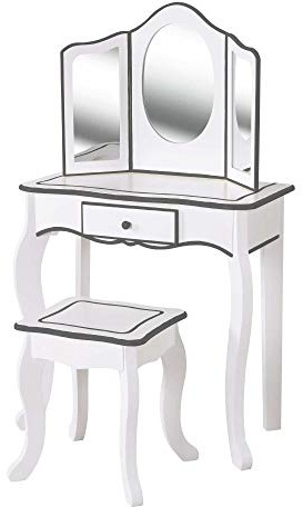 WOOMAX Coiffeuse pour Fille Blanche et Grise avec Tabouret et Miroir, Jouets en Bois, Maquillage pour Filles, 85389