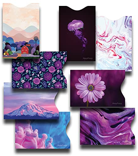 HozyFrozy 8 Fundas de Bloqueo RFID, diseños únicos y Artes en Morado, Soporte antirrobo, Protector de Tarjetas de crédito, fácil de reconocer, Resistente y tamaño Tarjetas