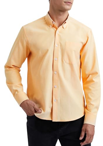 HISDERN Men's Long Sleeve Oxford Shirt Yellow Plain Button Down Smart Dress Shirt with Pocket Regular Fit M