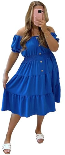Women’s Summer Dress Short Sleeve Off Shoulder Sundress Plain Long Casual Dress Chiffon Magic Beach Swing Italian Elastic Waist Tiered Basic Elegant Midi Dresses for Women Royal Blue