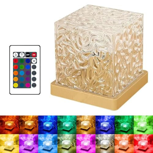 KBIBCK Wasserwellen Lampe,Wave Lamp Tischlampe,16 Farben Rotierende Dynamische Wellen Deckenprojektion Stimmungslicht Holzsockel mit Fernbedienung,LED Tischlampe Kristall,Nordlicht ambiente lampe