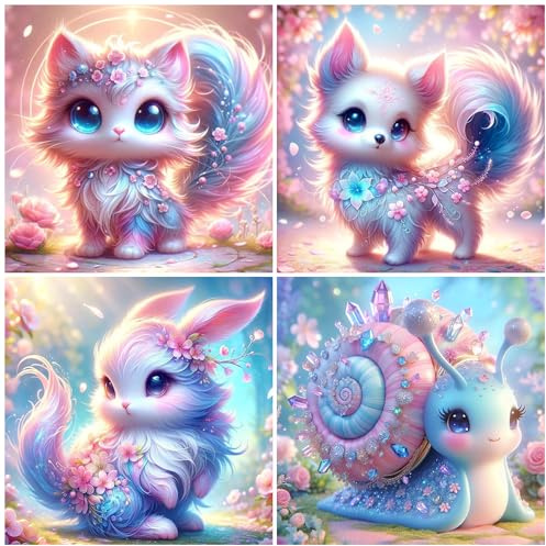 FLAJZ Diamond Painting Kinder, 4 Pack Diamant Painting Bilder, Süß Tiere Diamond Painting für Kinder ab 6 7 8 9 10 11 12 Jahre, DIY Mosaik Bastelset Weihnachtsgeschenke, 15x15cm
