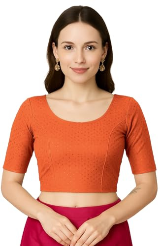 Jaanvi fashion Women's Round Neck Pure Cotton Dobby/Kalamkari Ajrakh Elbow Sleeve Stretchable Readymade Saree Blouse