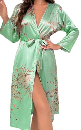 Rayson Chemises Nuit Femme Pyjama Satin Nuisette Col V Manches Longues en Soie avec Corde Imprimé Sleepwear verde chiaro XL