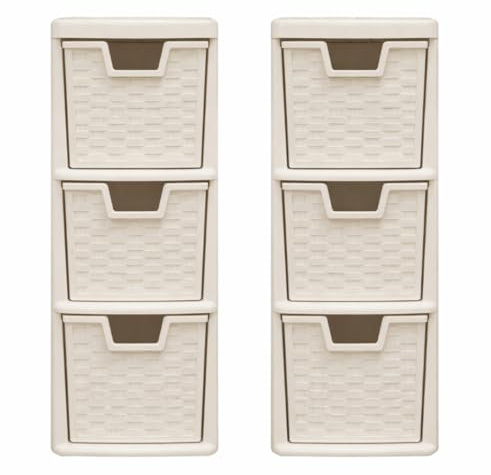 Set of 2 Small Plastic Rattan Effect 3 Drawer Storage Units – Desktop & Tabletop Organiser for Home Office, Bathroom & Bedroom – Compact Mini Storage Tower (Cream)
